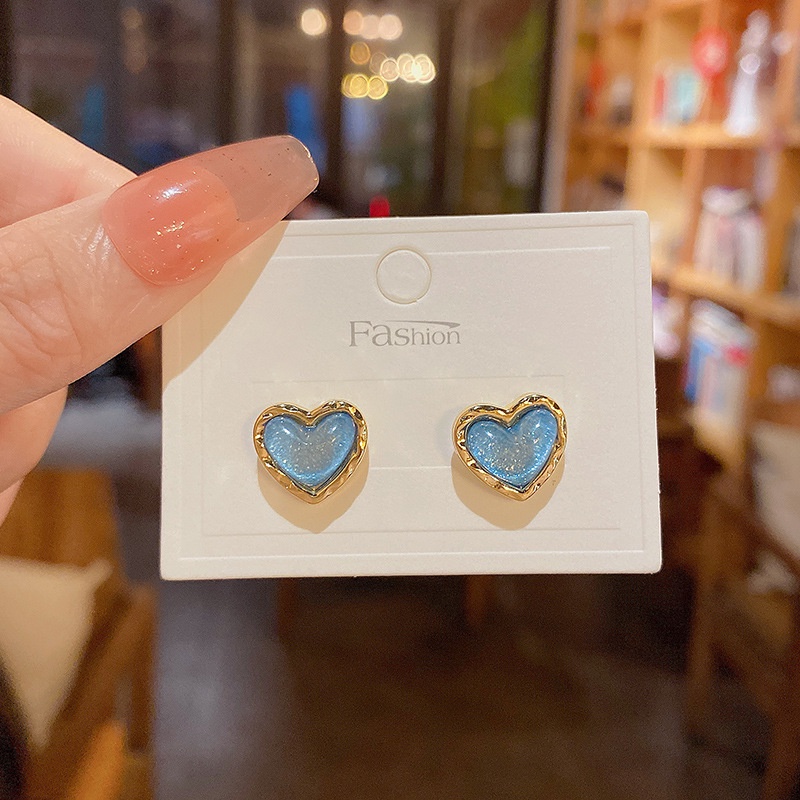 Anting Stud Desain Hati Warna Biru Bahan 925 silver needle Untuk Wanita