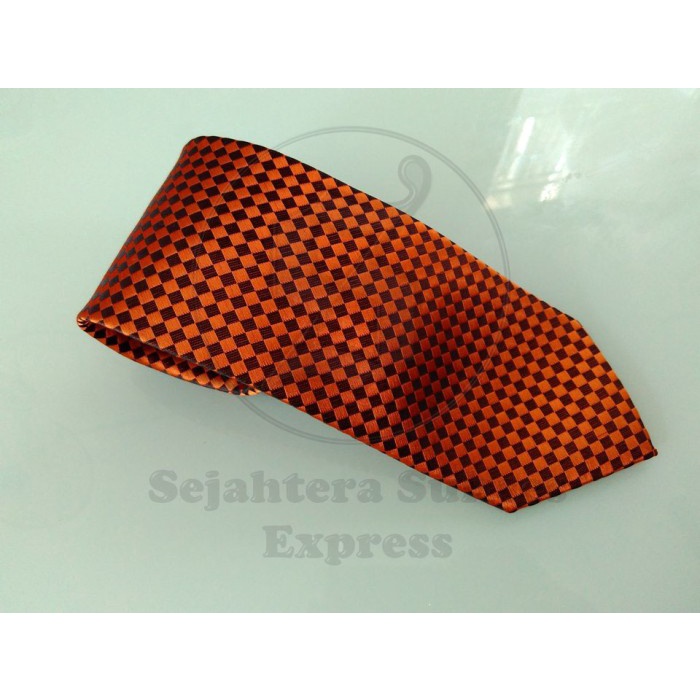 Dasi Pria dasi kantor import pria warna orange coklat bata motif catur kilap - model manual(D8Z2) Da