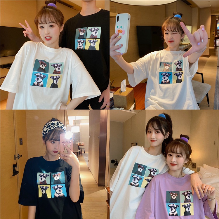 [littlecrab] Kaos Oversize Doggy Couple Teman Pacar T-shirt Oversize Puzzle Anjing Lucu Korean Style