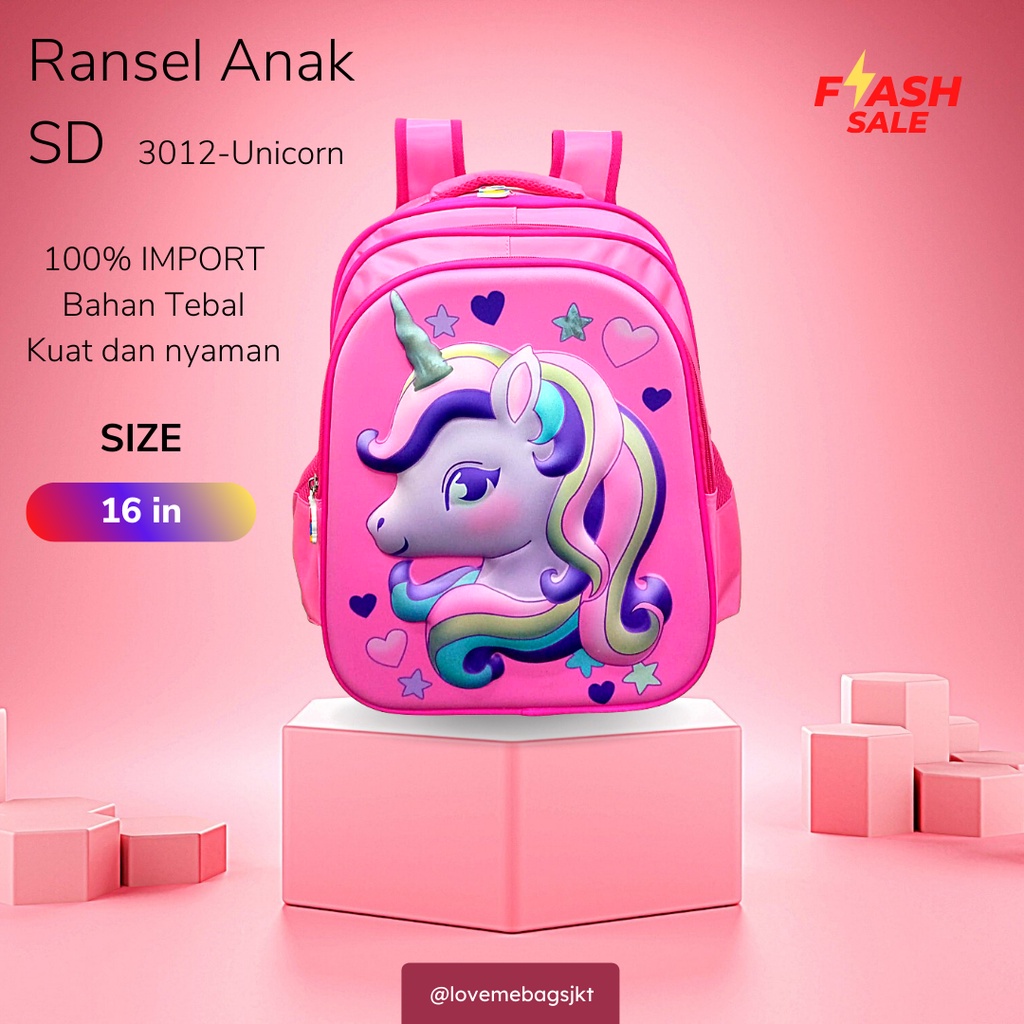 LMB Tas Anak Sekolah Perempuan SD Import Karakter Lucu Unicorn Love Bahan Nilon Premium Tebal Gambar Depan Timbul 6D