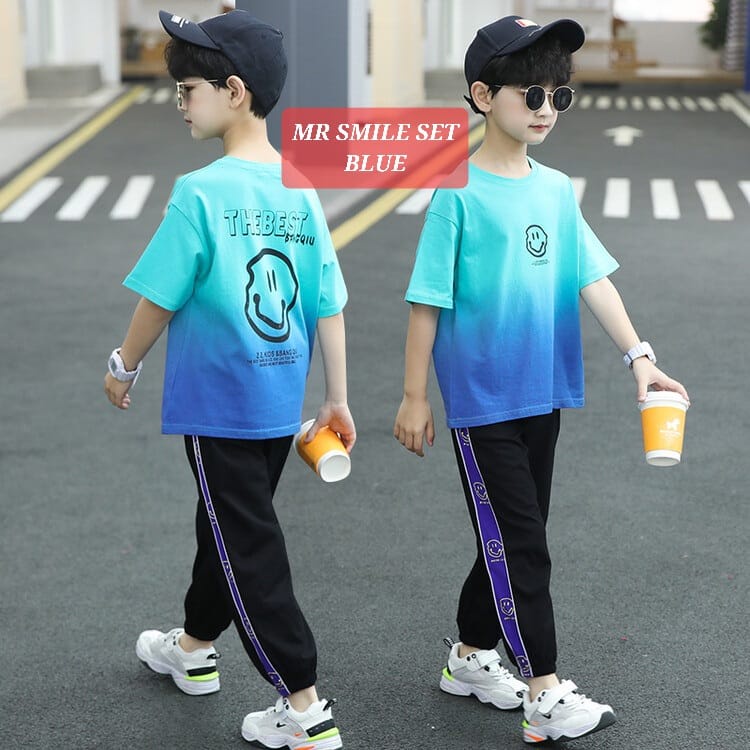 BAJUKIDDIE MR SMILE SET BAJU SETELAN ANAK COWOK KOREA IMPOR FASHION CASUAL DAILY KAOS CELANA PANJANG