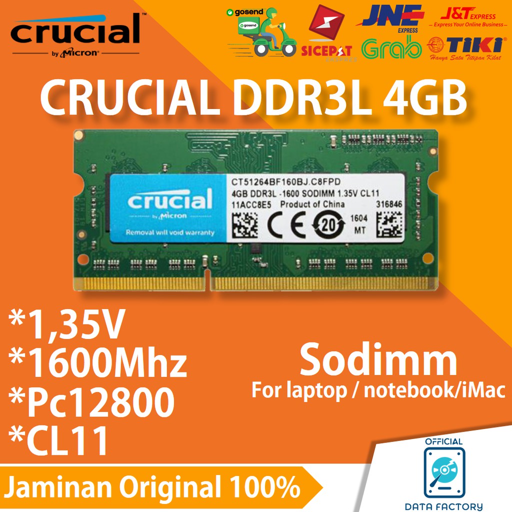 RAM LAPTOP CRUCIAL DDR3L 4GB SODIMM 1600Mhz / PC12800 DDR3 MEMORY 1.35V