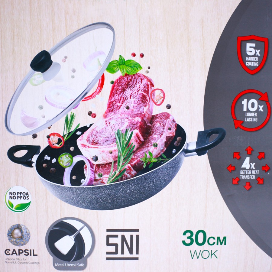 Maxim neostone wok 30cm + tutup kaca Panci