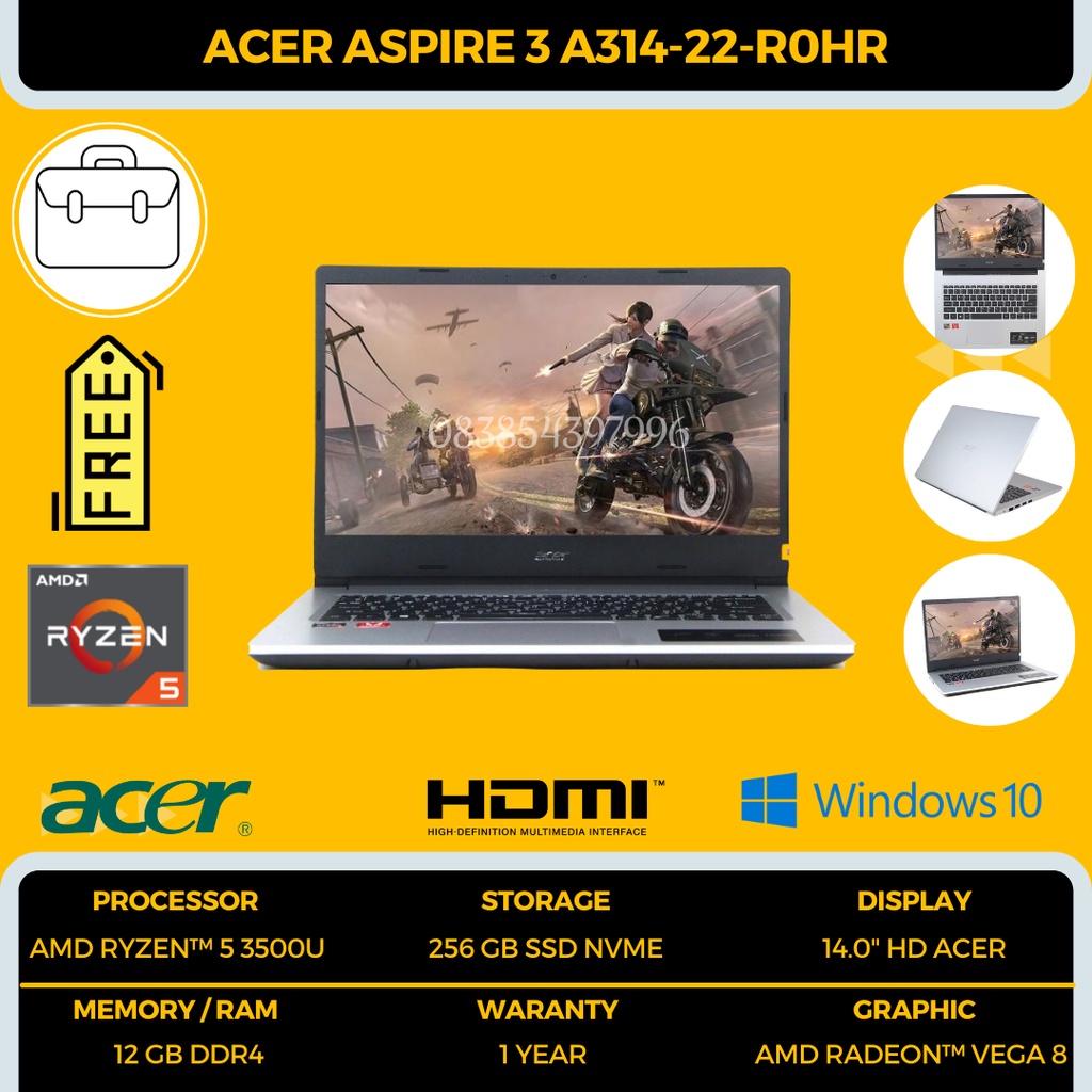 ACER ASPIRE 3 A314 22 R0HR [AMD RYZEN 5 3500 / RAM 12 GB DDR4 / SSD 256 GB / VGA AMD RADEON VEGA 8 2 GB + 3 GB / PURE SILVER / FREE TAS + INSTALL WINDOWS 10] - TEKNO KITA