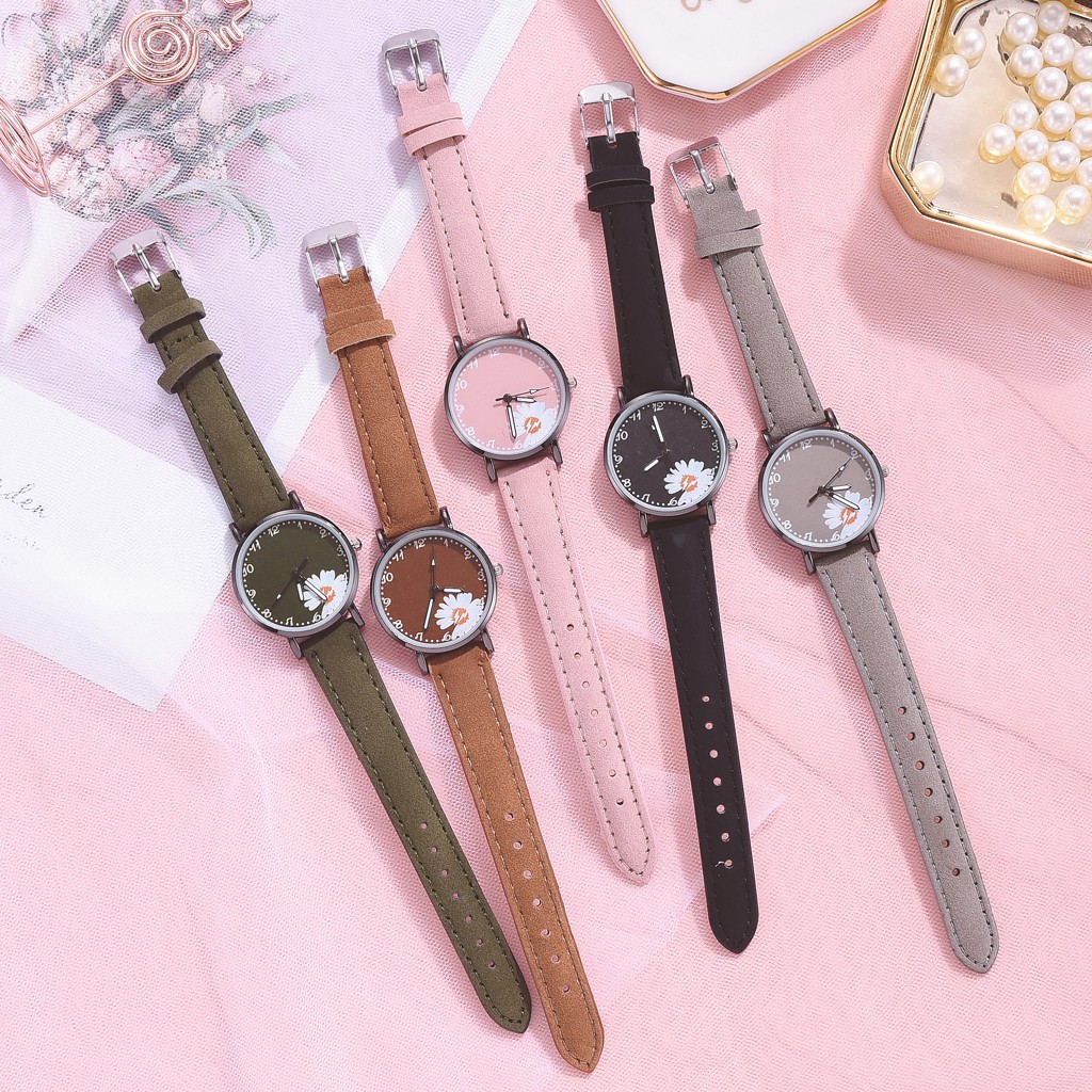 ✅COD Jam Tangan Wanita Quartz Analog Motif Bunga Daisy Bahan Kulit