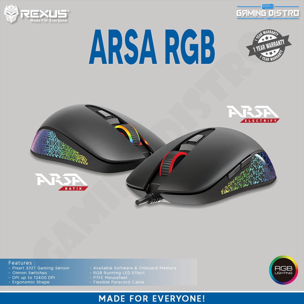 Mouse Gaming Rexus Arsa RGB Ergonomic Design PMW3327 Omron Switches