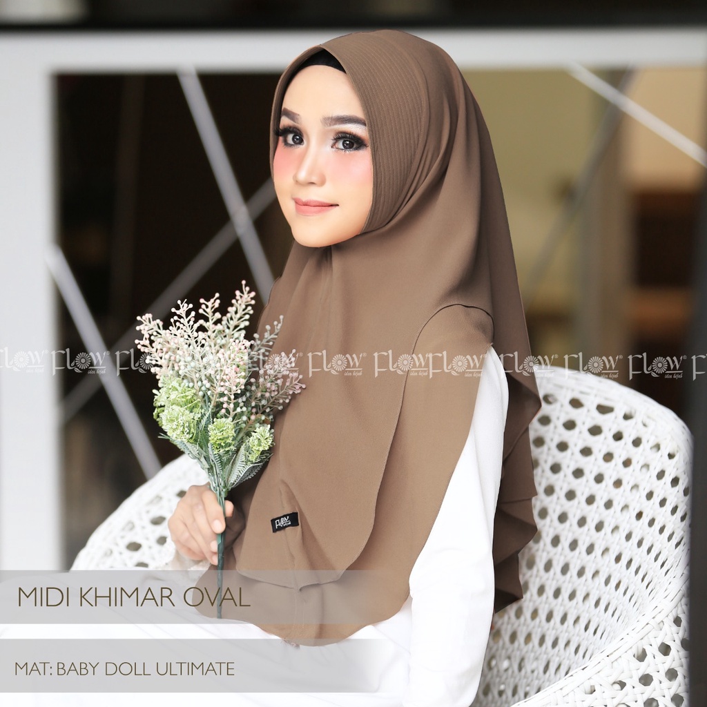 jilbab khimar Midi oval ORI FLOW / jilbab instant / hijab terbaru / khimar 2 layer/ jilbab hari raya-brown