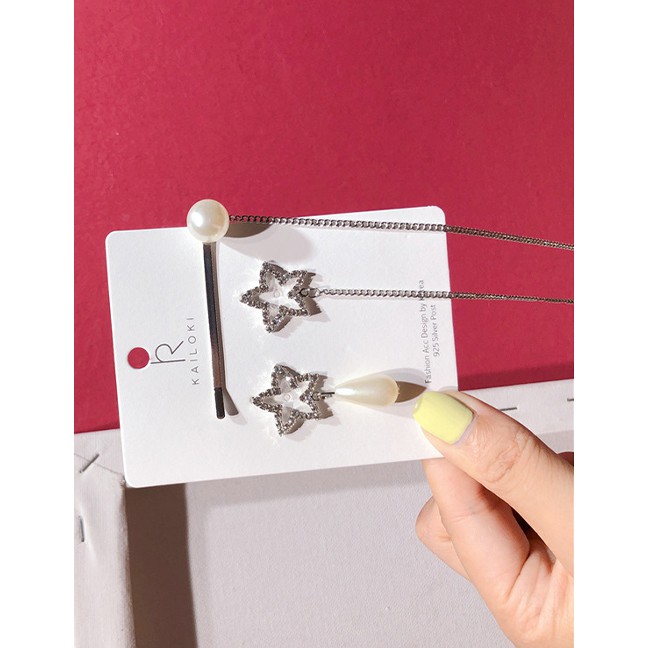 LRC Anting Tusuk Fashion Silver S925 Silver Pin Asymmetric Pearl Five-pointed Star Earrings D06493