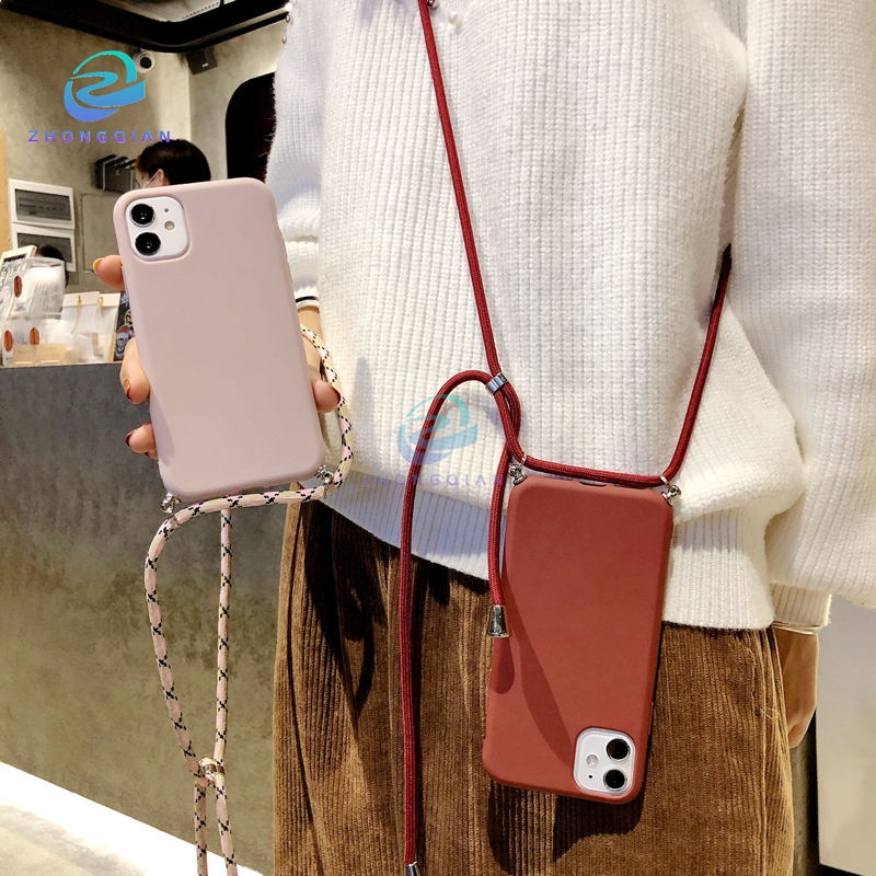 Case Bahan Silikon Warna Permen Dengan Tali Rantai Leher Untuk Iphone