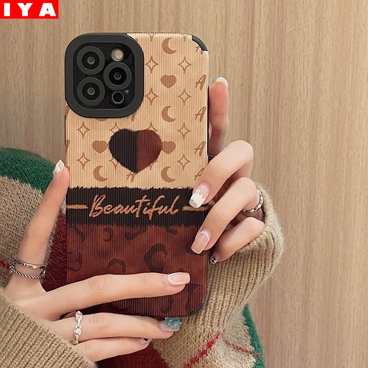 Soft Case Bahan Kulit Motif Hati Warna Hitam Coklat Anti Jatuh Untuk iPhone 13 Pro Max 12 11 6S 7 8 Plus XR XS