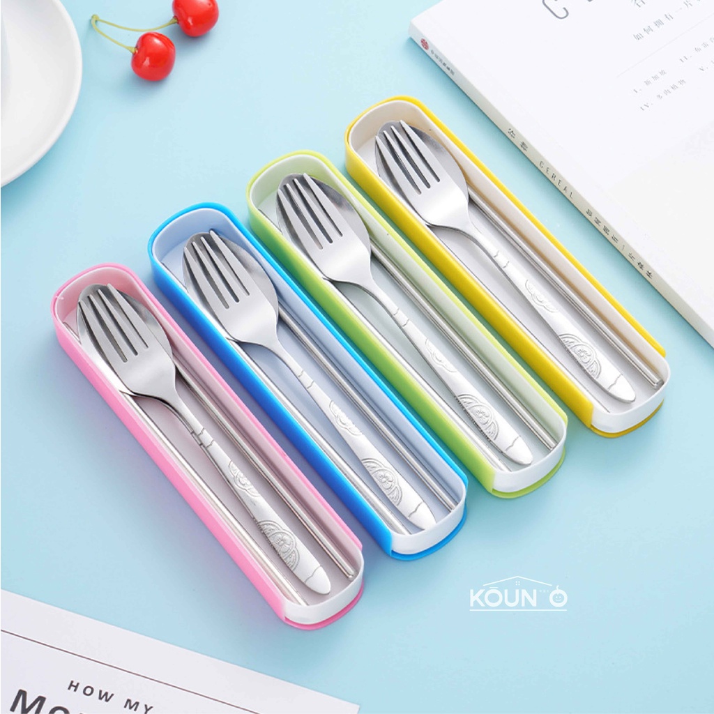 1 Set Alat Makan Sendok Garpu Sumpit Stainless Steel + Box Portable Travel Cutlery Set Food Grade