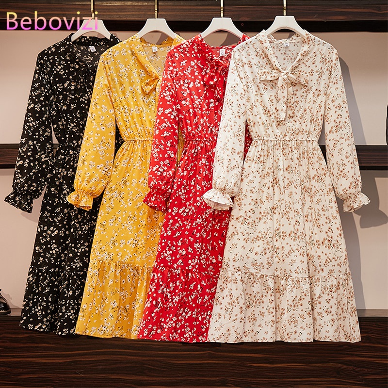 Kuning Merah Hitam Beige Fashion Za Gaya Korea Musim Gugur Musim Panas Gaun Wanita Pesta Sifon Bunga Lengan Panjang V Leher Kantor Pantai gaun
