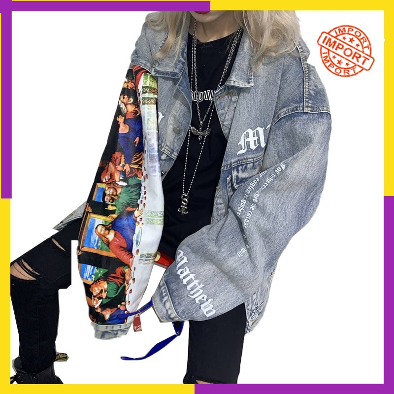 Jaket Jeans Oversize Wanita 2020 Female Denim Jacket Women Oversized Loose Classical Oil Painting