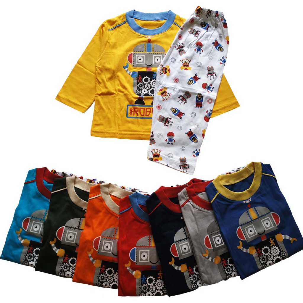 Piyama Anak Lengan Panjang Baju Tidur Anak Bahan Kaos Katun Laki Cowok Setelan Pakaian 1-6 Tahun