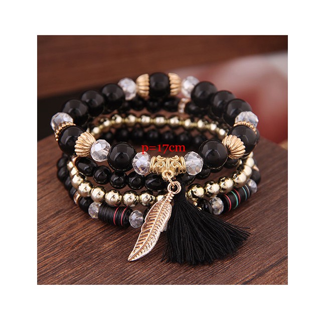 LRC Gelang Fashion Acrylic Beaded Fringe Leaf Multilayer Bracelet A59542
