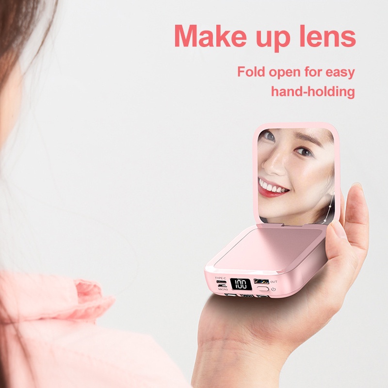 Original100% Powerbank 20000mAh Built-in 3 Cables 3.1A Fast Charging With Beauty Mirror