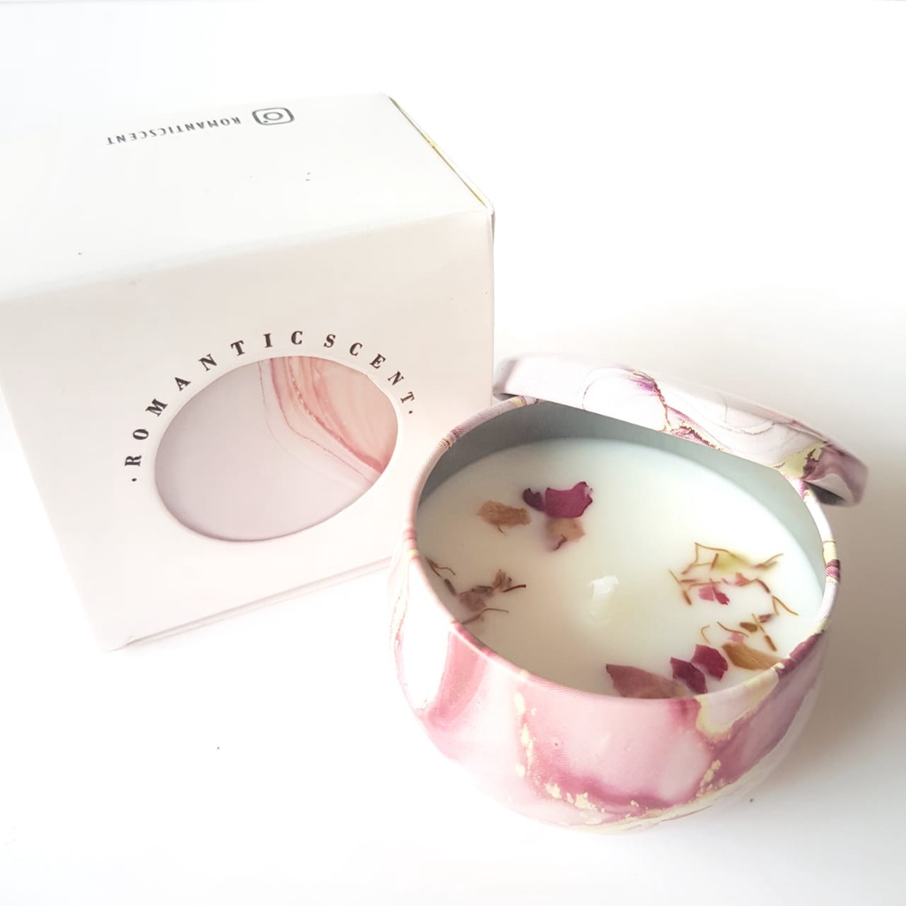 LILIN AROMATHERAPY /SCENTED CANDLE SOY WAX WITH DRIED FLOWER / LILIN AROMATERAPI DIDALAM KALENG BESI (60 GRAM)