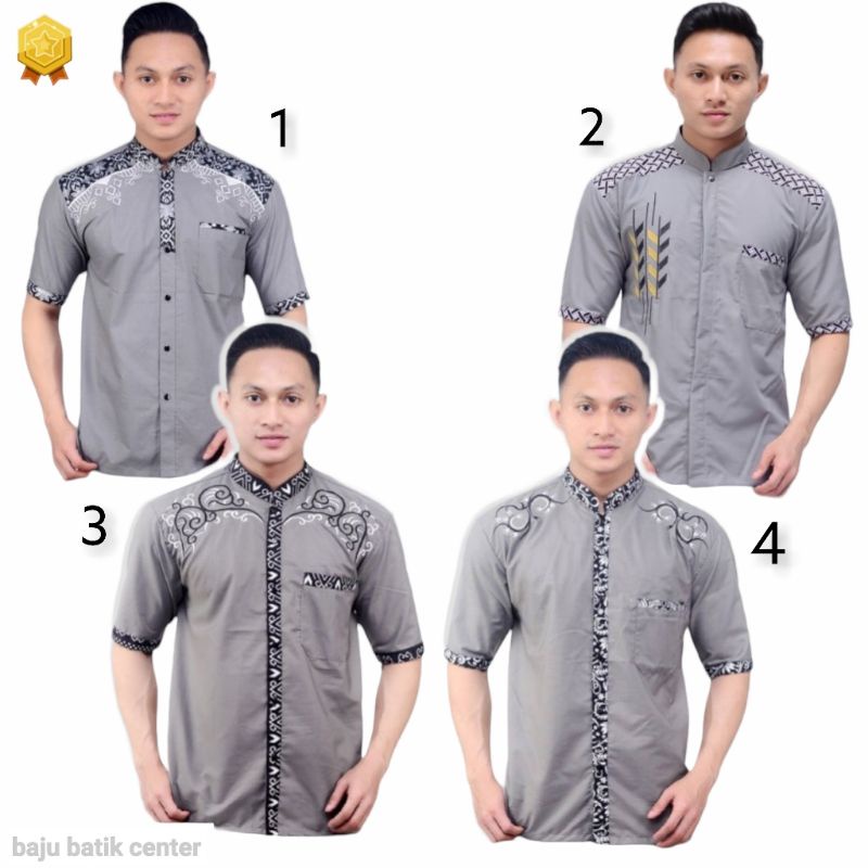 Fashion Muslim Pria Baju Koko Lengan Pendek Abu Abu Bordir Kombinasi Batik Silver Masa Kini Terbaru