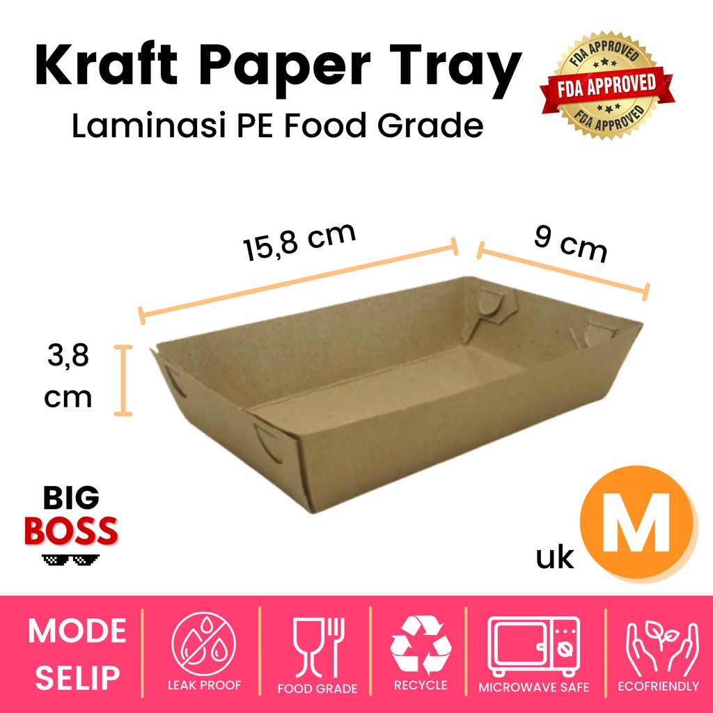 Paper Tray Kraft Coklelat Dine In Piring Nampan Kertas Alas Tempat Makan Kentang Sosis Cafe