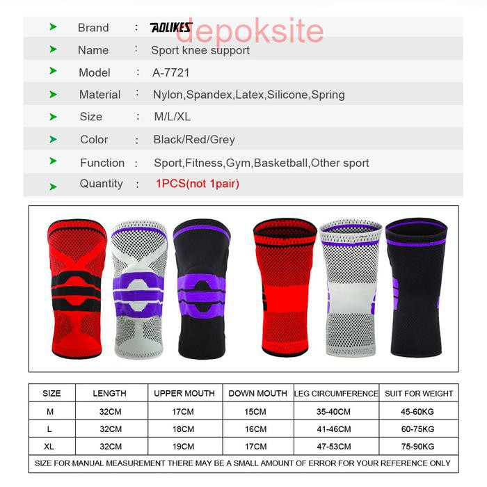 Aolikes 7721 Knee Pad Bracer Sleeve Compression Kneepad Deker Pelindung Lutut Olahraga Voli Tenis