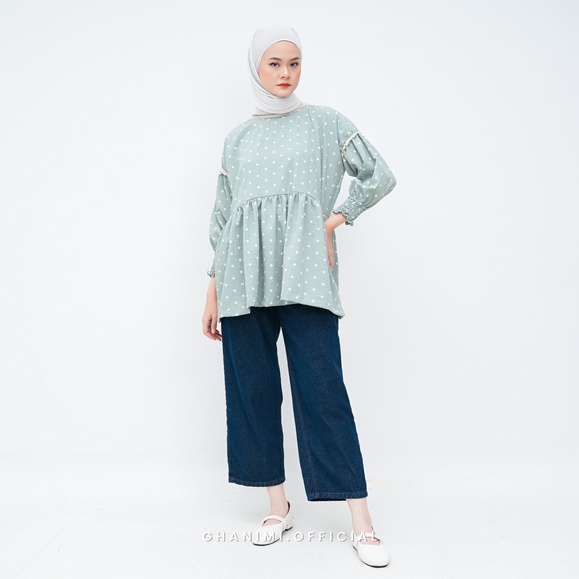 Ghanimi - Haru Blouse / Blouse Polkadot / blus motif ruffle / atasan kerja casual formal daily / atasan unik korean style / blus lengan karet wudhu friendly