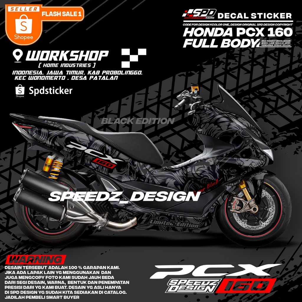 Decal sticker pcx 160 skull black edition full body, bisa request