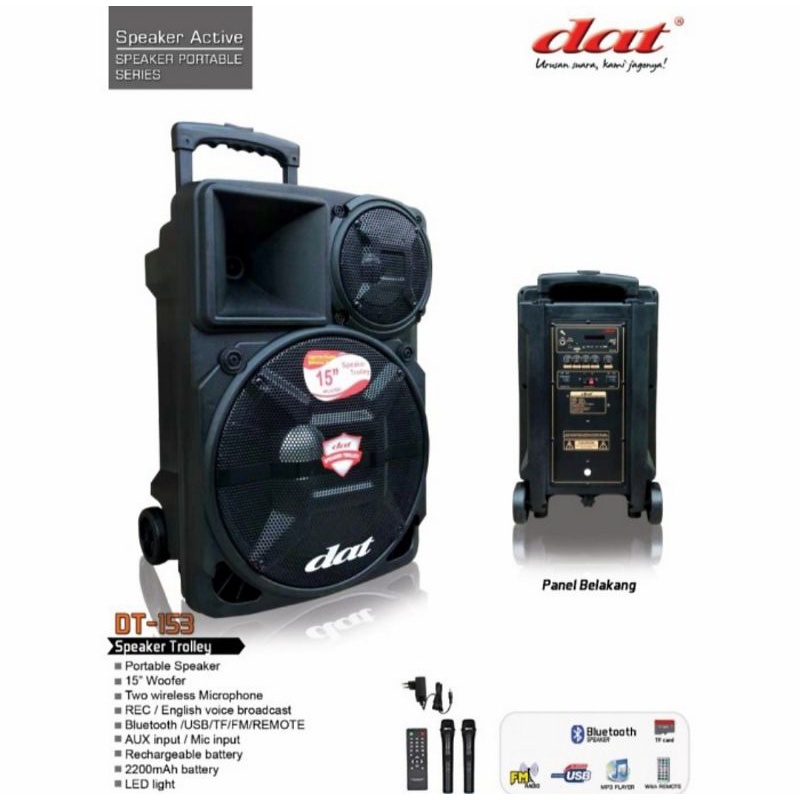 DISTRIBUTO SPEAKER PORTABLE DAT 153 BLUETOOTH 15 INCH GARANSI RESMI
