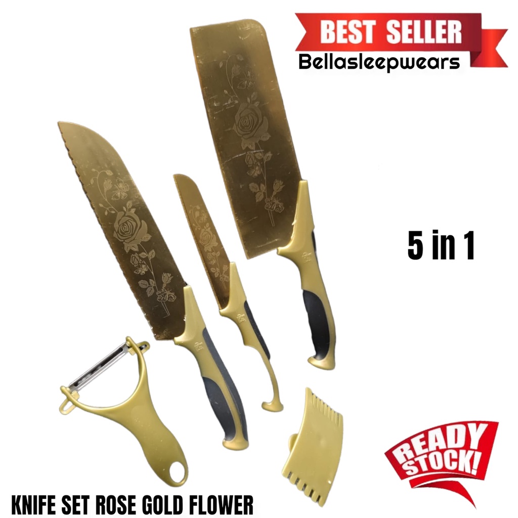 BELLA - PISAU DAPUR KNIFE SET ROSE GOLD FLOWER MEWAH LUXURY 5IN1 BERKELAS GAYA NORDIC