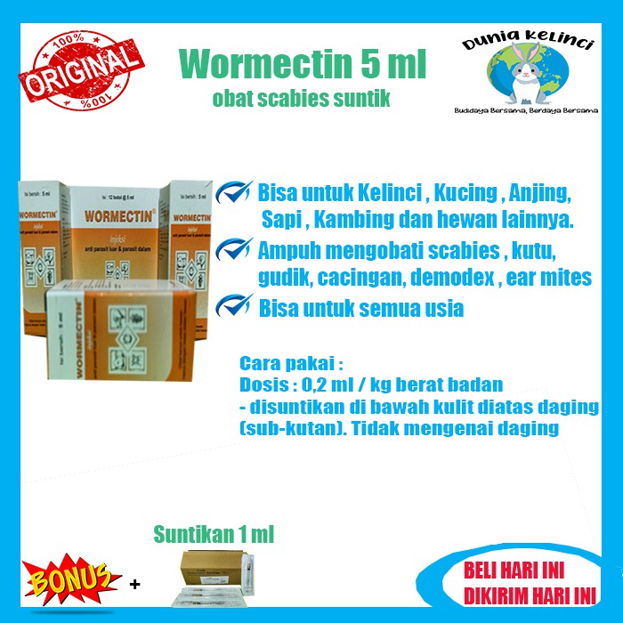 WORMECTIN 5 ML OBAT SCABIES GUDIK JAMUR PARASIT CACING KELINCI KUCING ANJING HAMSTER SAPI HEWAN