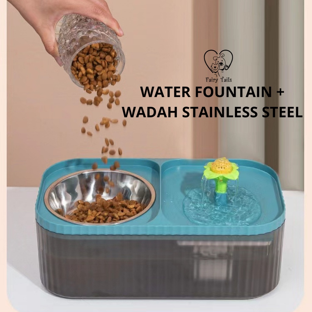 [NEW] Pet Water Fountain Dispenser Tempat Minum dan Wadah Makan Stainless Steel / Double Bowl Air Mancur Otomatis Untuk Kucing dan Anjing Anabul (Flowing Water) 2.5 L