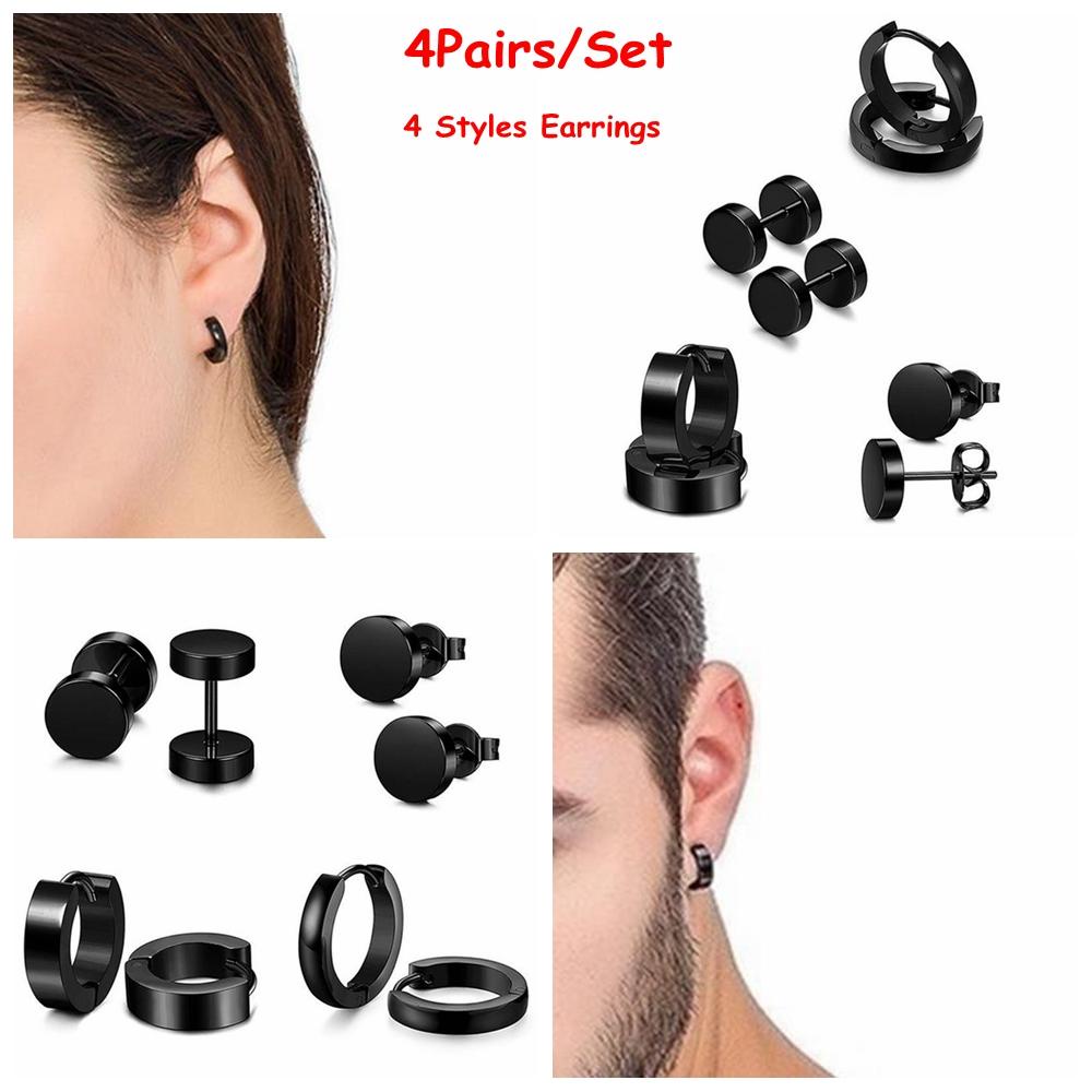 Nanas 4pasang/Set Piercing Ear Studs Wanita Pria Gothic Surgical Steel Warna Hitam Tulang Rawan Helix Menjuntai Drop Stud