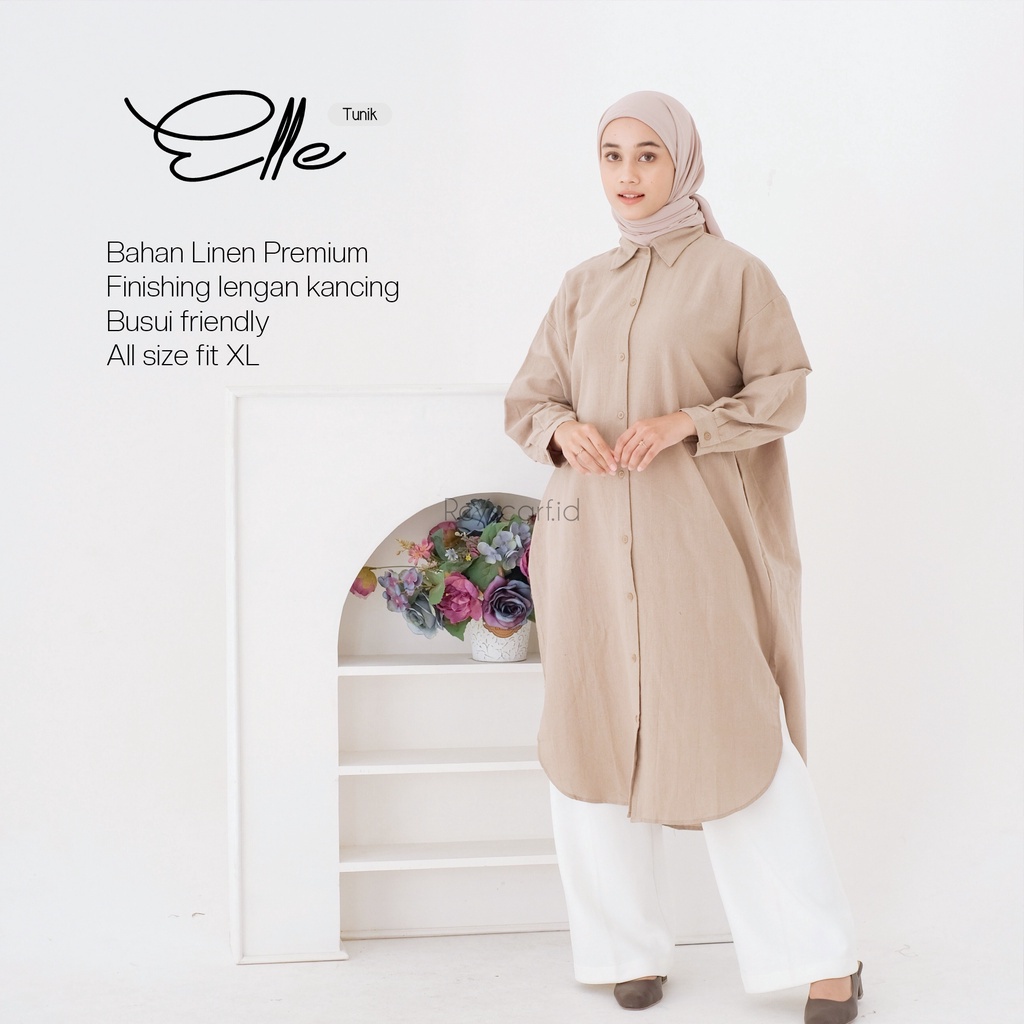 Elle Tunic Linen By Reyscarf.id- Bahan Cotton Linen Premium | Kemeja Panjang Wanita | Elle Long Shirt | Linen Long Outer | Tunic Linen | Bisa COD