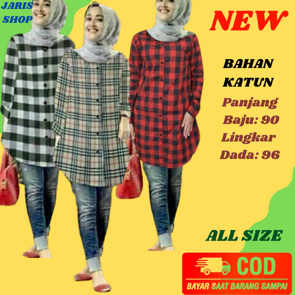 Long Tunik Katun Rayon Premium Motif Garis Baju Kemeja Tunik Wanita Terbaru Lengan Panjang Casual Ko