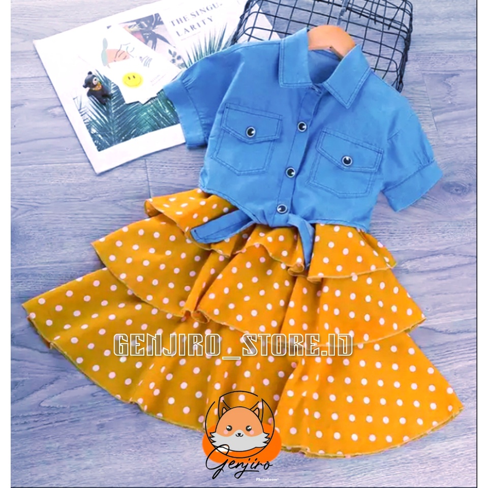 GENJIRO STORE.ID/PAKAIAN ANAK PEREMPUAN/DRESS ANAK PEREMPUAN/DRESS DAN ROMPI DENIM/DRESS POLKADOT SINGLET + ROMPI DENIM/UNTUK USIA 6 BULAN-5 TAHUN/BISA COD