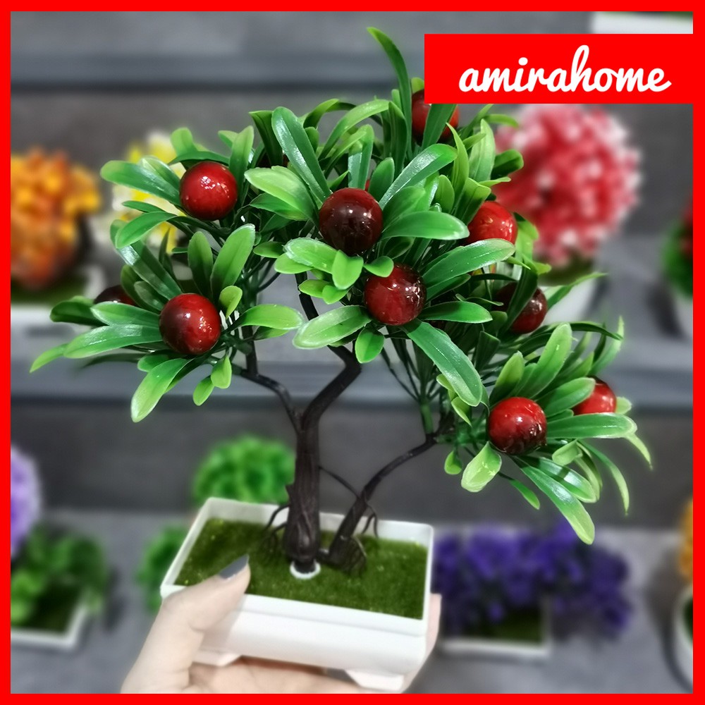 Artificial Flower Pot Bunga Plastik Pot Bunga Hiasan Pohon Buatan Dekorasi Rumah Motif Red Fruit