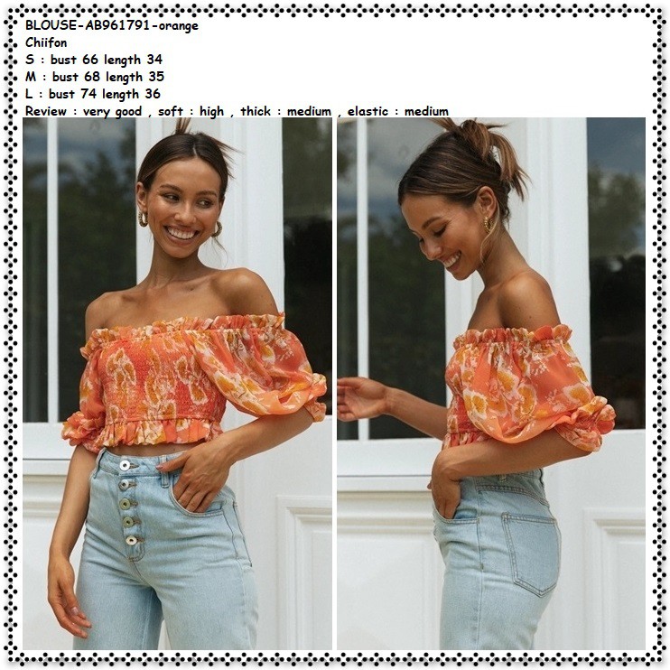 AB961791 Baju Atasan Summer Crop Top Sabrina Orange Oren Blouse Bunga Wanita Korea Import