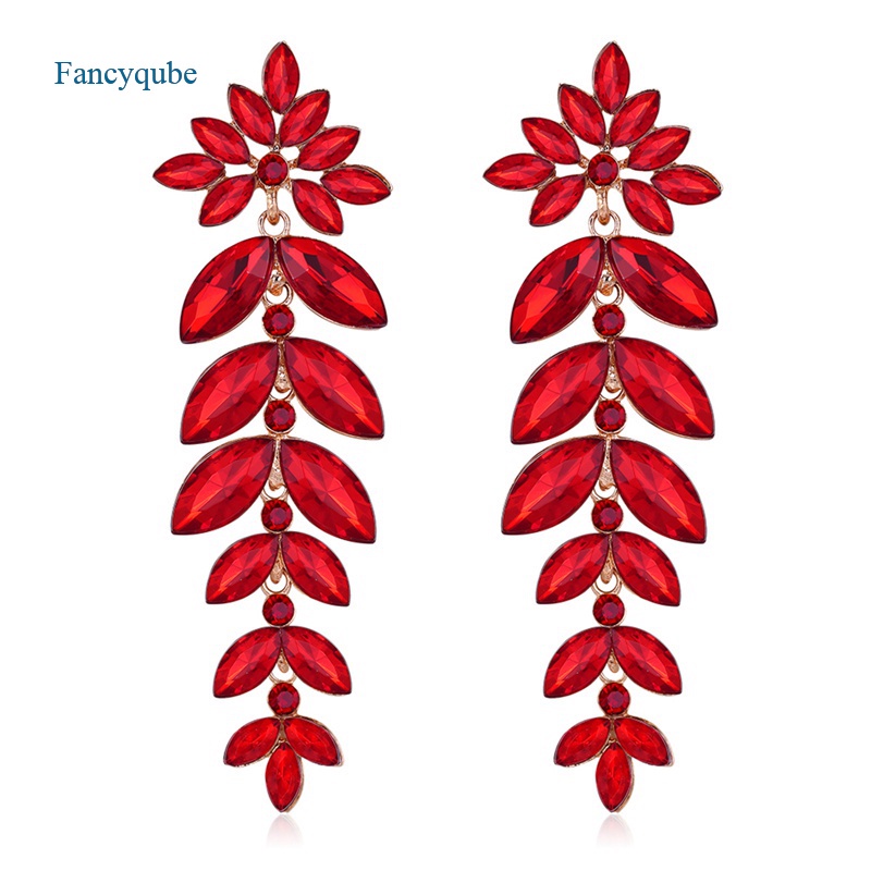 Fancyqube Anting Panjang Bentuk Daun Aksen Kristal Untuk Wanita