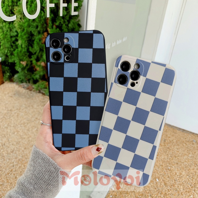 Soft Case Silikon Tpu Motif Kotak-Kotak Biru Untuk IPhone 7 8 Plus 13 12 11 Pro Max 6 6s Plus X XS Max XR SE 2020