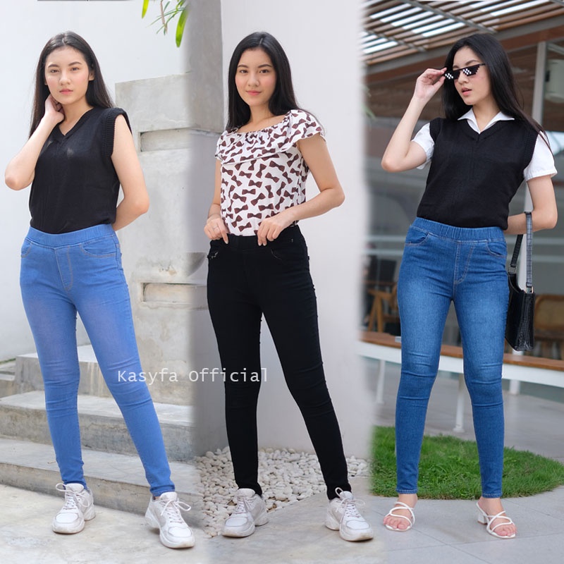 RHIANA JEGGING JEANS POLOS WANITA // CELANA JEANS PINGANG FULL KARET