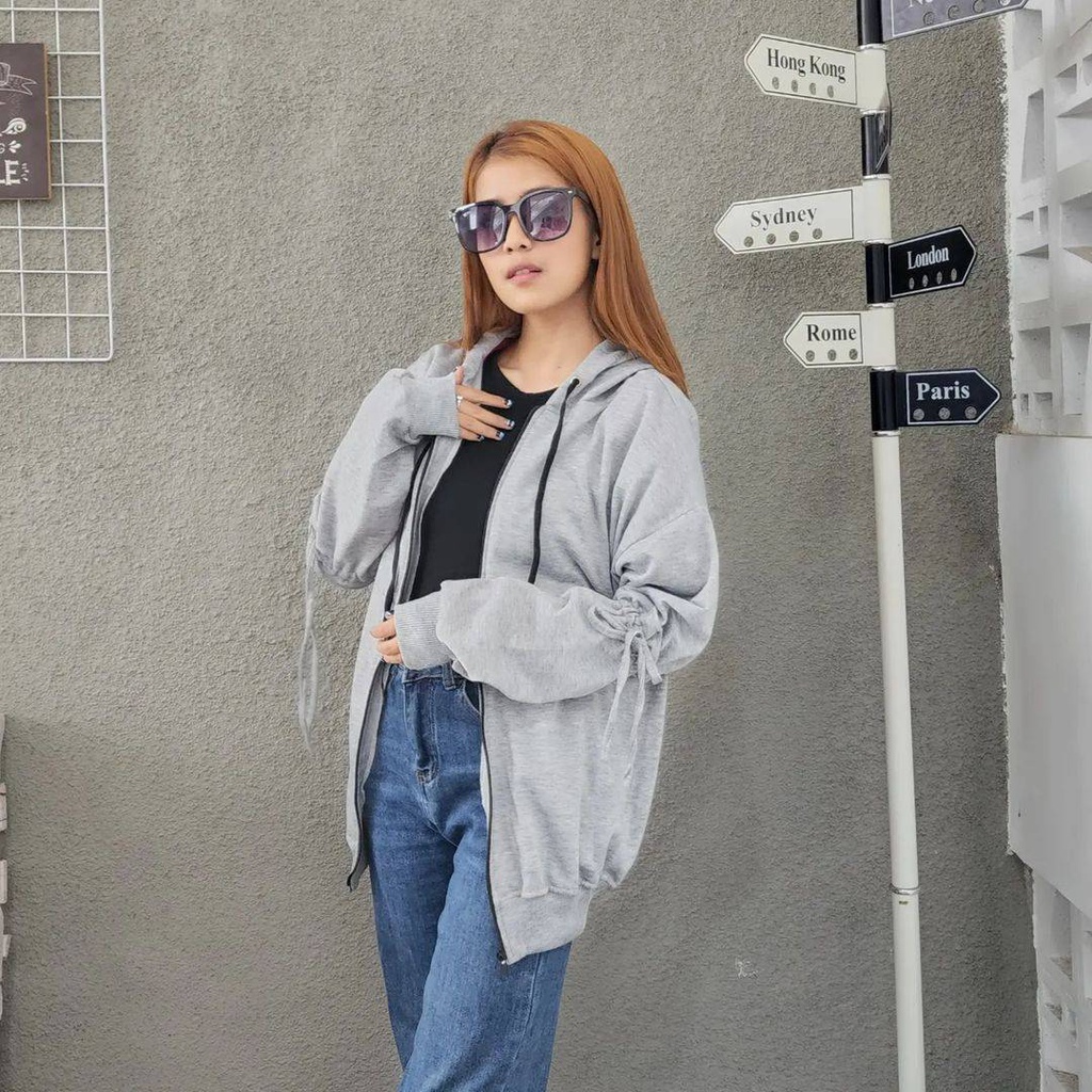 EMILY HOODIE ZIPPER Tangan Serut Wanita Oversize Fashion Terkini Ala Korean OOTD Kasual Desain Simple