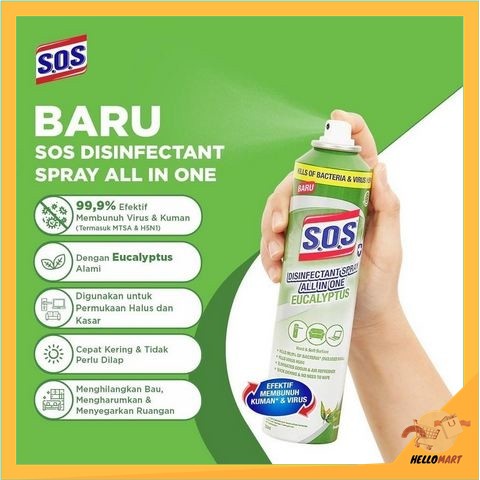 ORIGINAL SOS Disinfectant Spray 250ml Eucalyptus / SOS Desinfektan Spray All in One / HELLOMARTID