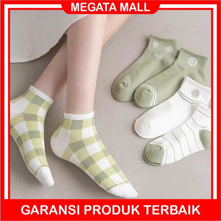 ♫ Megata ♫ A104 Kaos Kaki Wanita Motif Lemon Hijau Lumut Kotak Fashion Korea Women Sock Import