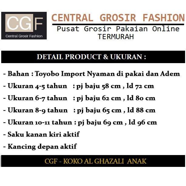 Koko Al-Ghazali Anak - Central Grosir Fashion (CGF) - Usia 4 thn - 11 thn - Matt Katun Toyobo Import