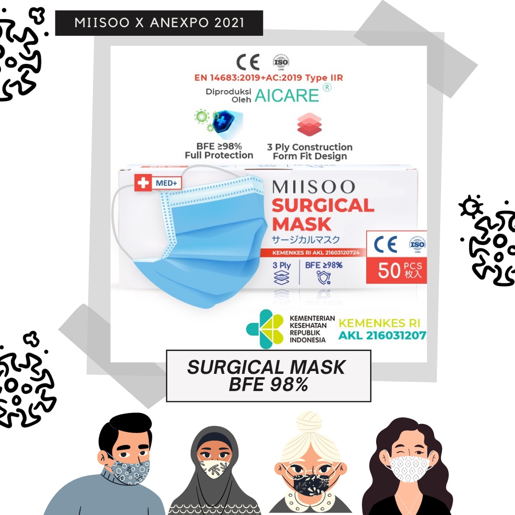 MIISOO Facemask Surgical Masker Medis 3ply 50s Masker Bedah Produksi oleh AICARE izin Edar/Kemenkes