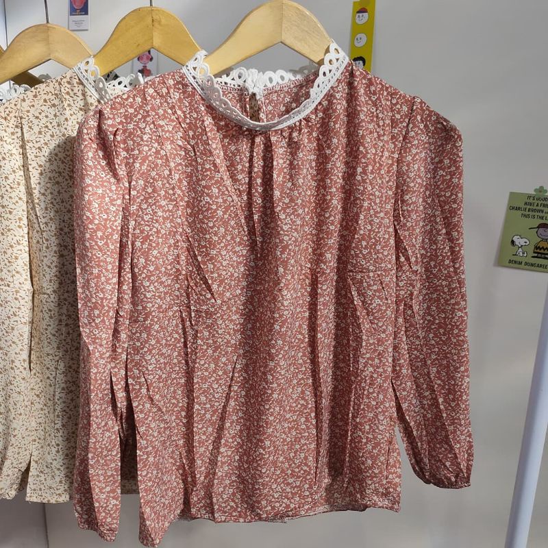 【BISA COD】Chiffon Lace Floral Blouse wanita Lengan Panjang summer atasan blus import cewek-Merah