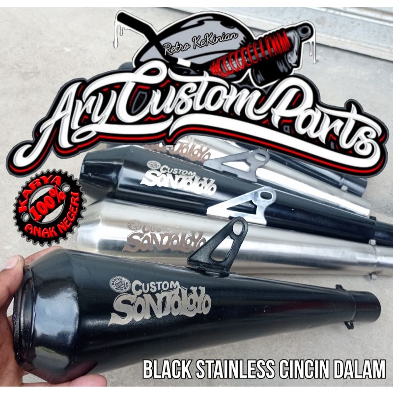 Knalpot custom Stainles w175 japstyle bobber caferacer bratstyle tiger gl pro cb 100 megapro scorpio dll besi arnium-Black stenlis c.dlm