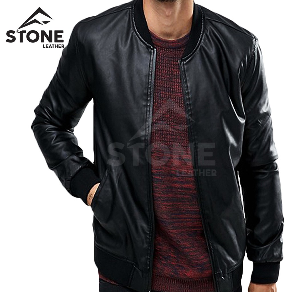 JAKET BOMBER PRIA SLIM FIT KULIT SINTETIS