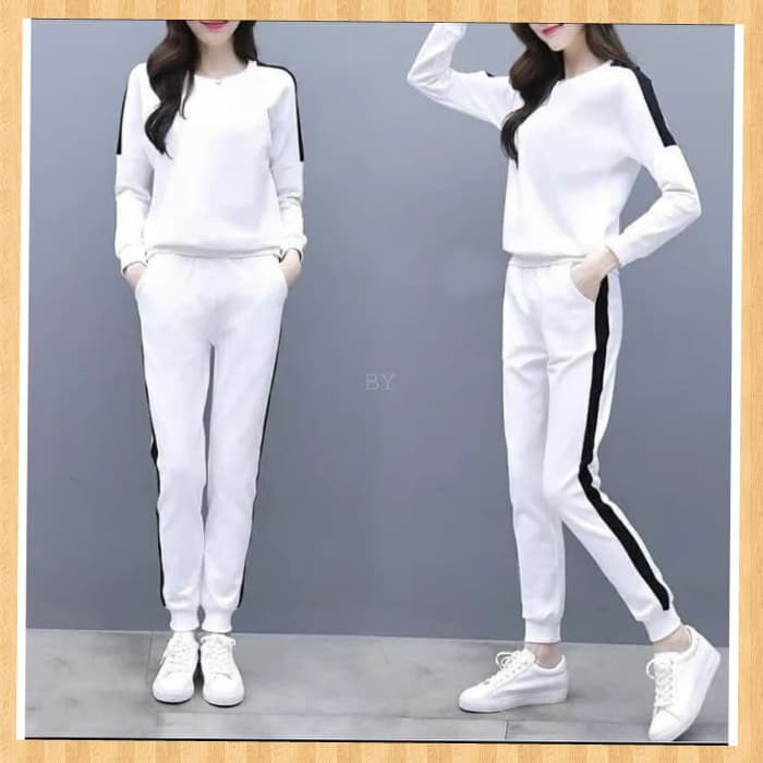 baju olahraga wanita setelan sport atasan+celana training joging putih