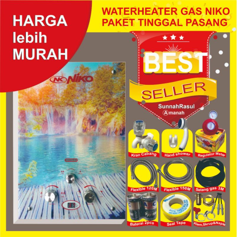 WATER HEATER GAS NIKO DIGITAL KACA PAKET KOMPLIT TINGGAL PASANG