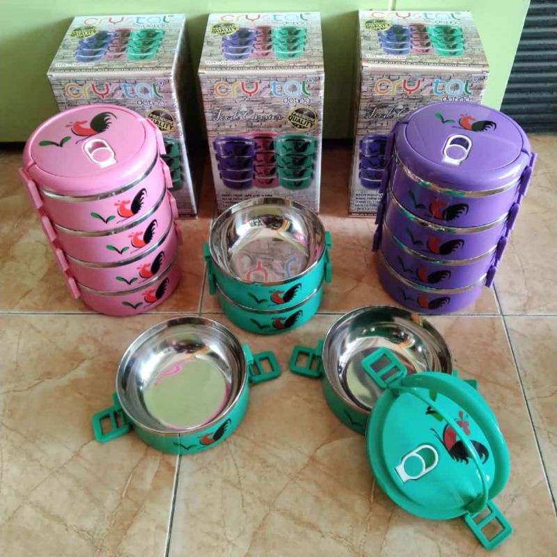 Lunch Box/ Rantang 4 Susun Crystal Motif Ayam Jago Warna